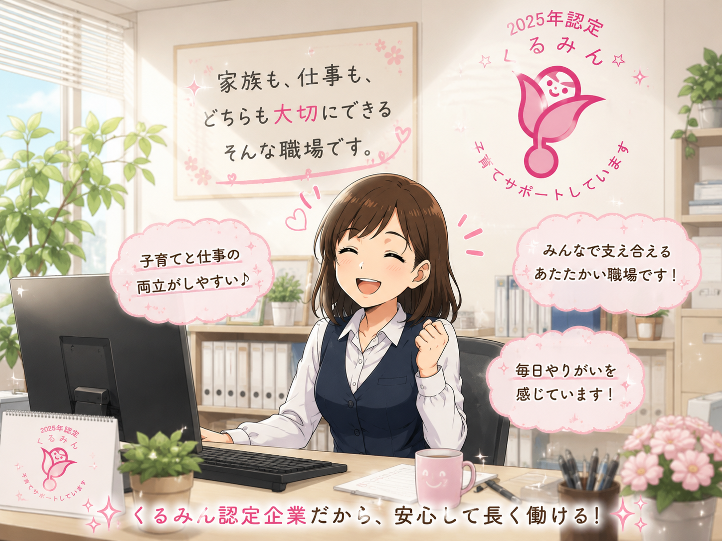 くるみん認定企業として仕事と子育ての両立を支援する職場イメージ