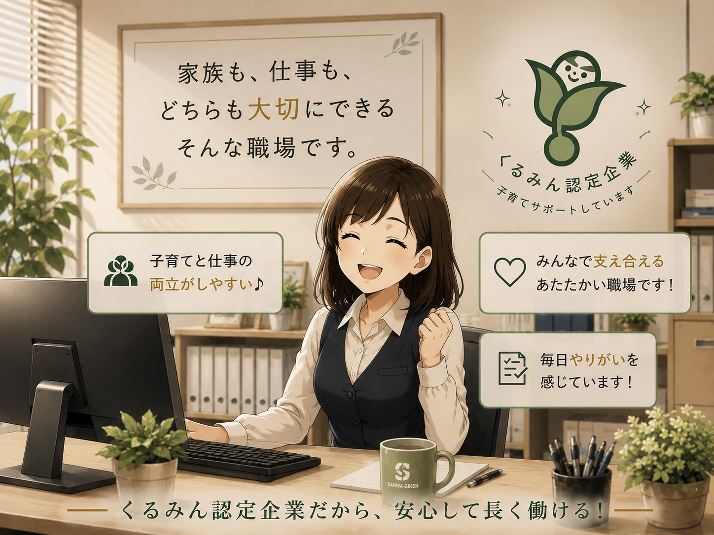 くるみん認定企業として、子育てと仕事を両立しながら働く事務員のイメージ
